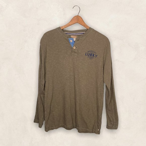 Lucky Brand Big Kids' Boys' XL 18 20 Olive Green Stripe Long Sleeve Henley Shirt